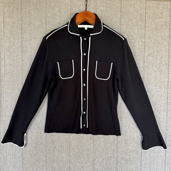 Max Studio Tops - 90s Vintage Max Studio Black Stretch Knit w/ White Piping Button Front Shirt